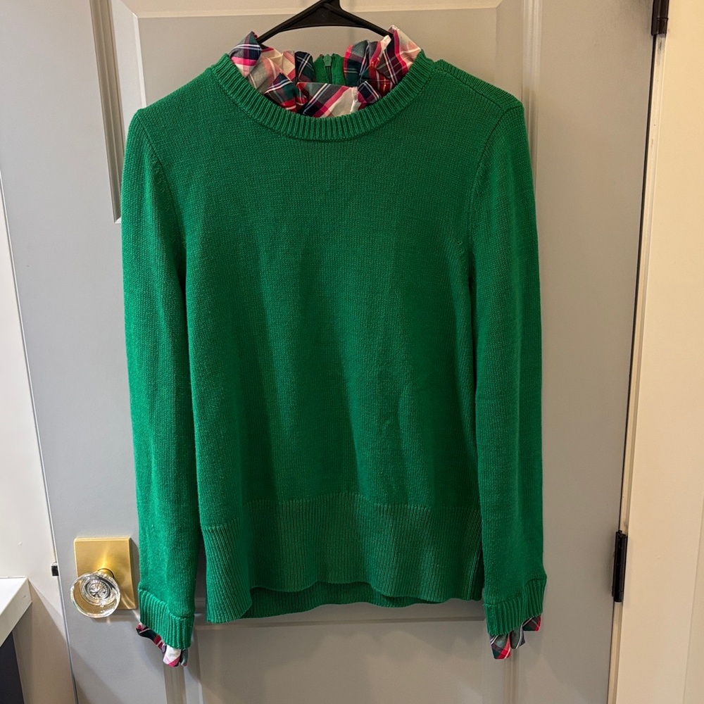 crown & ivy Green Crewneck Sweater with Plaid Trim
